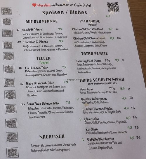 Food menu at Cafe Date in Berlin