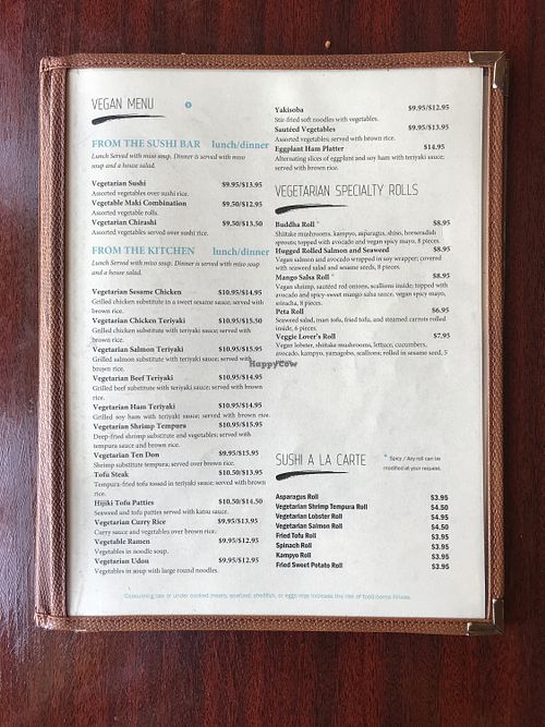 Vegan menu at Kotobuki in Norfolk