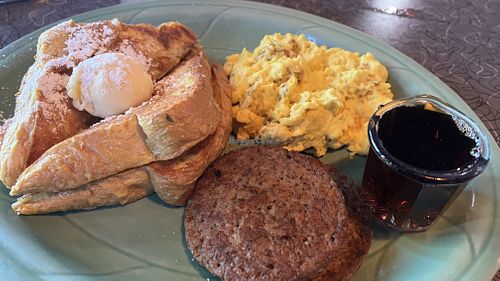  French toast w/ vegan butter, vegan eggs, vegan sausage and maple syrup at Biscuits Cafe  in Beaverton