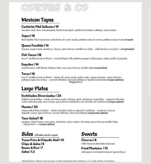 Menu as of January 2026  at Corvus and Company in Seattle