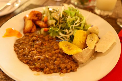 lentil stew, provisions, fried plantains and salad at Belmont Estate in Belmont