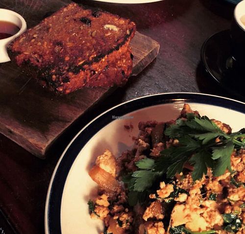 Avo hummus toast, tofu scramble & banana bread at Earthly Pleasures Cafe in Belgrave
