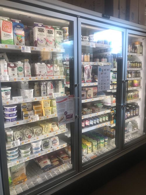 All vegan cooler section at Good Tern Natural Foods Co-op in Rockland