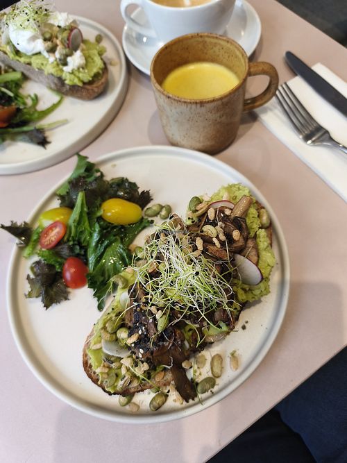 Veganised Avocado Toast and Golden Latte with oat milk at The Sixteen Twelve in Copenhagen