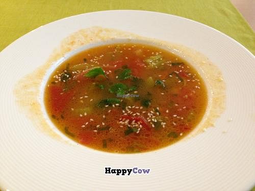 hot tomato soup - although on the menu it looked like a cream soup, it is a broth based soup which was tasty at Raw Gourmet in Riga