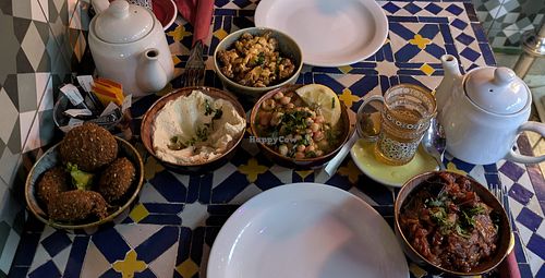 Falafel, hummus, spiced cauliflower, foul, moussaka, mint teas. We also had bread, and moujadara (not pictured) at Tarboush in Tring
