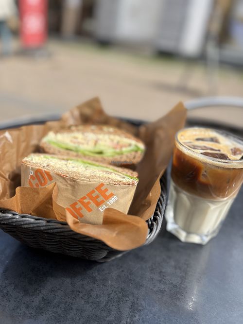 Vegan bagel and iced coffee with oat milk  at Miss Coffee in Helsingoer