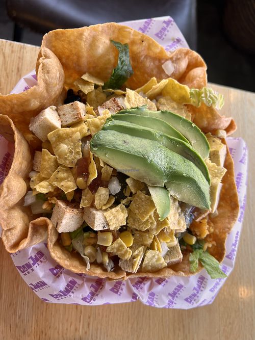 Crispy Taco Salad with spiced tofu, sautéed veggies, onions, corn, chips, black beans, Mexican rice, lettuce, avocado, and salsa   at Don Juan Mex Grill   in Easton