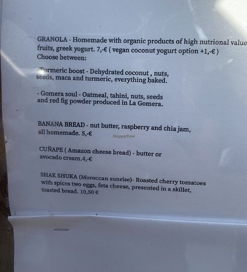 Breakfast menu  at Mahalo in Tenerife