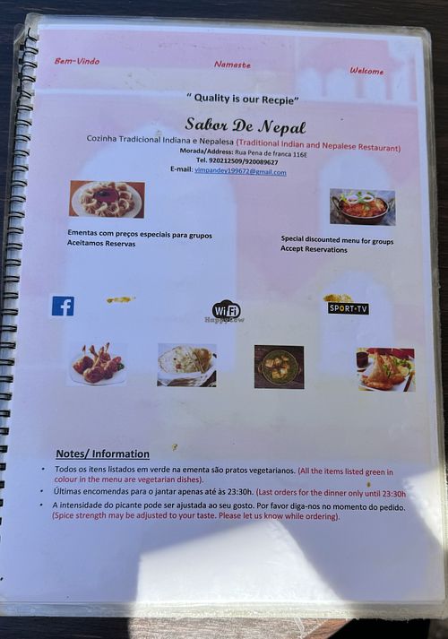 Menu p1 in green the vegan options  at Sabor do Nepal in Lisbon