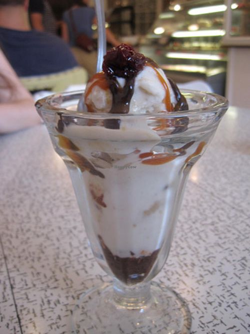 Amazing sundae with chocolate and caramel sauce and cookie dough ice cream. at Sophie Sucree in Montreal