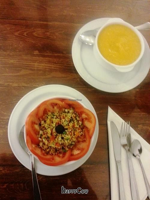 Starters: Vegetable cream and Cous-cous at El Granero de Lavapies in Madrid