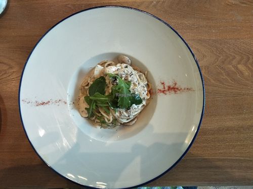 Creamy mushroom spaghetti at Green Vege Cafe in Shanghai