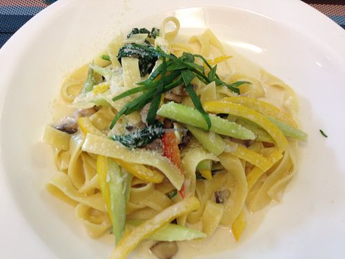 fettucine, cream sauce, veggies at Veggie Dot in Shanghai