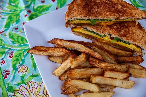 Breakfast Sandwich featuring tofu egg. Field Roast sausage and Daiya cheddar cheese at Great Sage in Clarksville