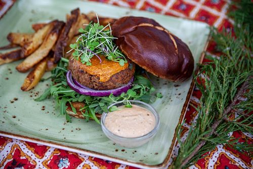 Classic Burger featuring a house-made patty created with Beyond Meat, topped with a chipotle cashew gouda at Great Sage in Clarksville