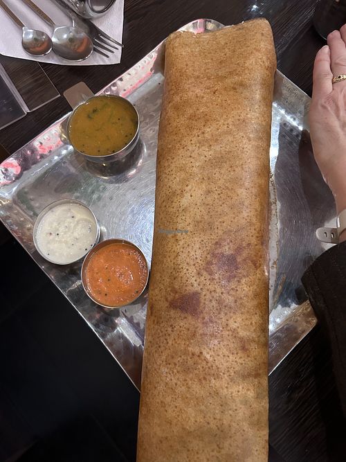 Masala dosa served with Sambhar and coconut chutney   at Annavilaas in Amsterdam