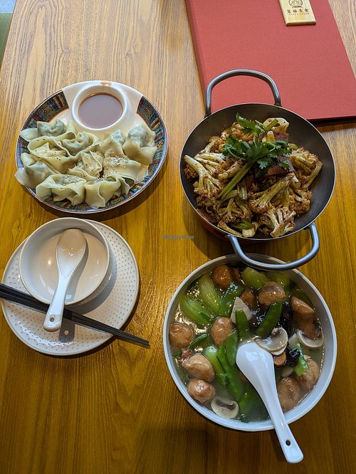 dumplings in sesame sauce, dry fried cauliflower, gluten balls at Huì Yuán Sù Shí Fāng 慧缘素食坊 Lotus Vegan in Shanghai