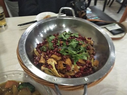 Spicy cauliflower with peanuts, coriander, tofu, lotus root and potato. at Huì Yuán Sù Shí Fāng 慧缘素食坊 Lotus Vegan in Shanghai