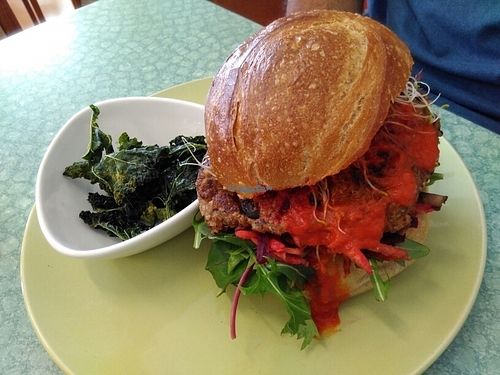 Vegan sweet potato & black bean burger at Nettle Raw Cafe in Adelaide