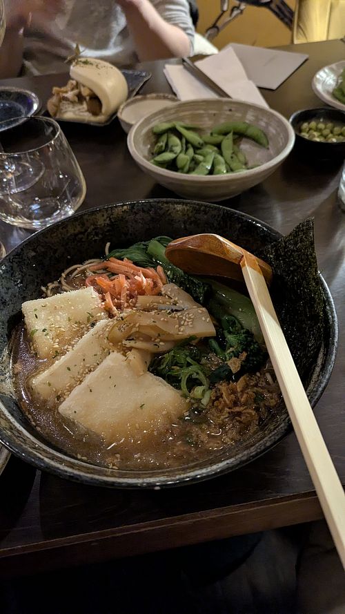 Yasai ramen, edamame, vegan bao at KIBOU Japanese Restaurant & Bar in Cheltenham