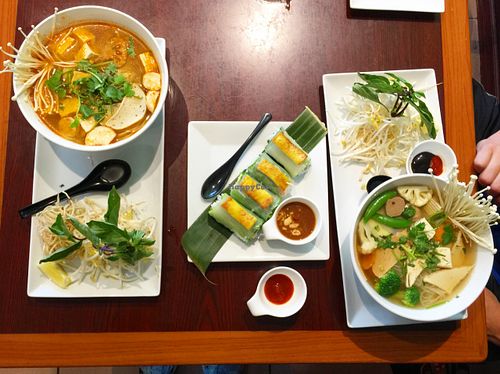 Vegetarian Bun Hue, Curry Tofu salad rolls and Pho at Veggiebowl in Vancouver