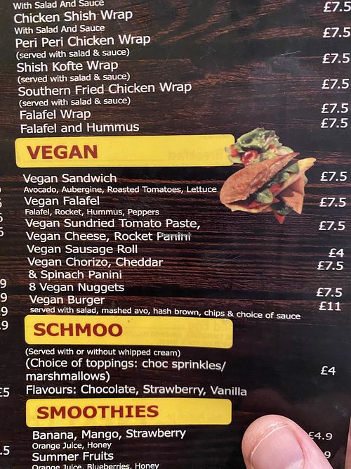 Vegan section of the menu   at Diana's Cafe in Bath