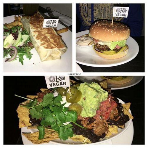 Burrito, Blackbean burger and the Nachos. at The Reverence Hotel in Footscray