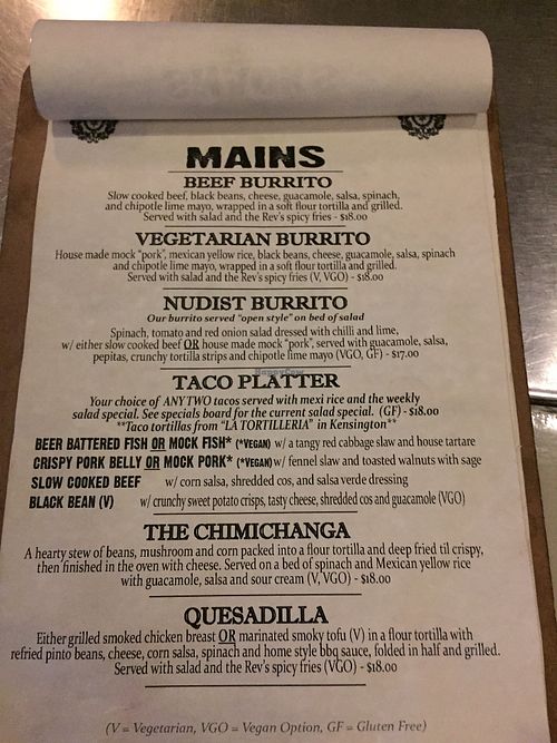 Menu page 2 at The Reverence Hotel in Footscray