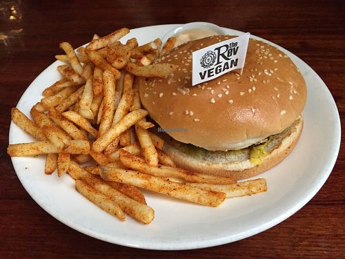 Vegan cheeseburger with fries at The Reverence Hotel in Footscray