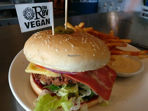 Rev burger, vegan at The Reverence Hotel in Footscray