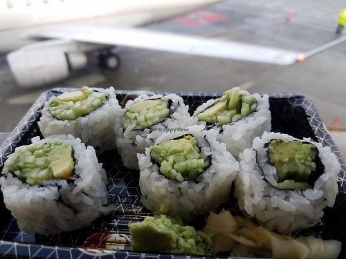 Avo sushi rolls... About $7.50 but better than nothing at SFO - Sankaku Sushi and Noodle - T3 in South San Francisco