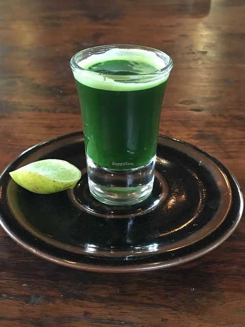Wheatgrass shot at The Garden Kafe at The Yoga Barn in Ubud