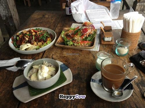 Wild Rice dish with tofu, Raw pizza and porridge (I think it was). at The Garden Kafe at The Yoga Barn in Ubud