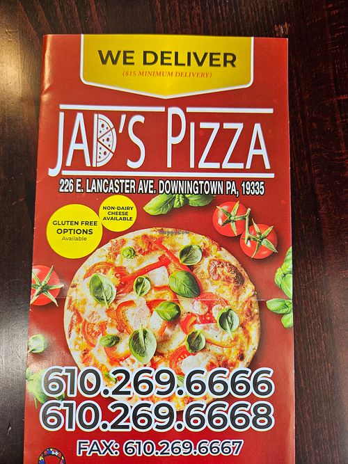 Front of menu at Jad's Pizza in Downingtown