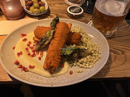 Stuffed carrots - bell pepper and chickpea hummus with pearl couscous in mixed herb oil and sooted baby gem lettuce  at Schnitzelplatz Lagerhuset in Gothenburg