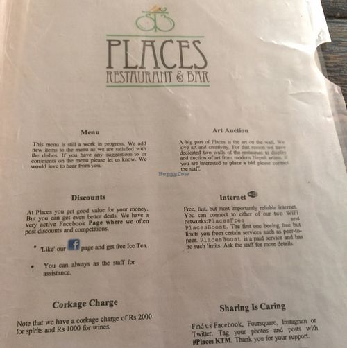 menu  at Places Restaurant and Bar in Kathmandu
