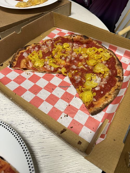 Onions and banana peppers   at Kindles Wood Fired Pizzeria in Marlborough