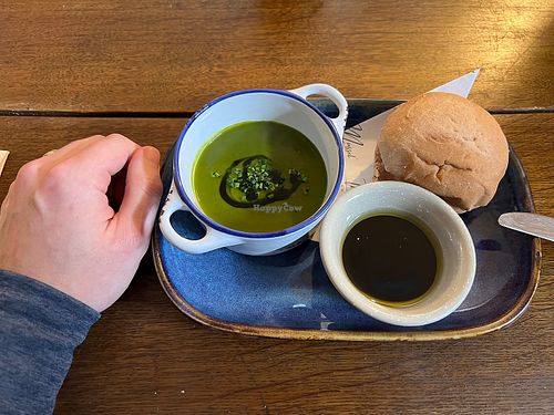 Very small, bitter, courgette and basil soup  at The Mussel Inn and Cottages in Plymouth