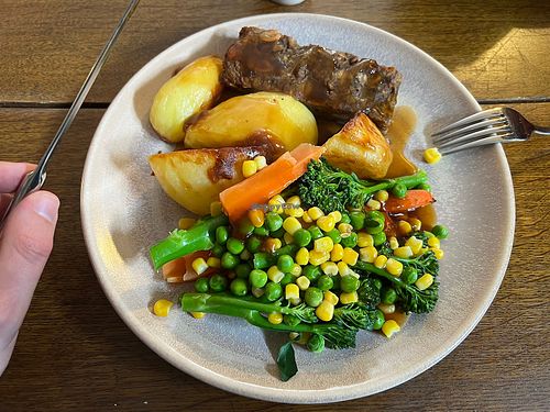 Frozen veg central roast dinner  at The Mussel Inn and Cottages in Plymouth