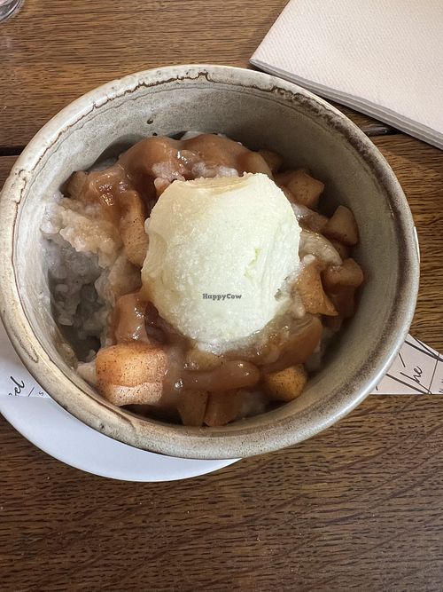 Vegan rice pudding with apple compote and apple sorbet  at The Mussel Inn and Cottages in Plymouth