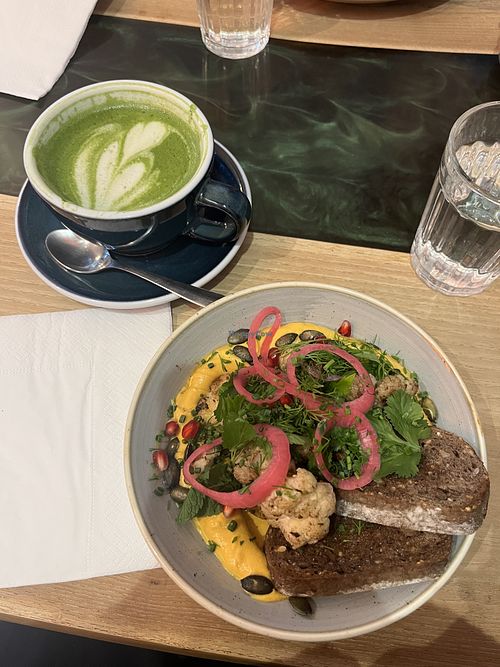 Pumpkin hummus with cauliflower and mushrooms   at VINYL & WOOD - Get Lost in Wonderland in Budapest