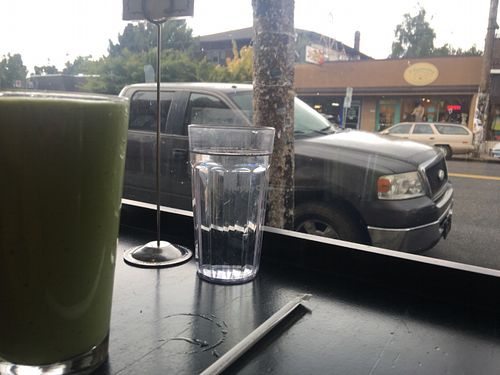 Smoothie and street view at Harlow in Portland