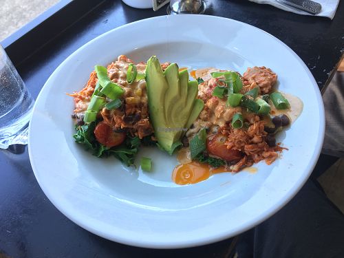 mercy plate with jackfruit and side avocado at Harlow in Portland