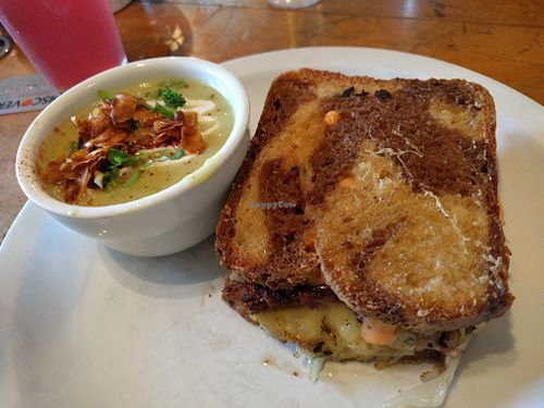 Vegan Reuben Sandwich with soup at Harlow in Portland