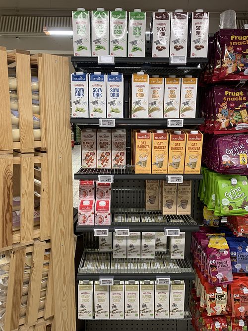 Shelf with milk alternatives   at SPAR - Nord in Hvide Sande