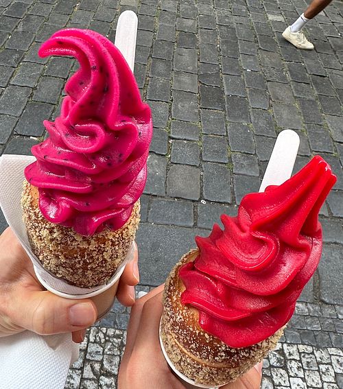 Left/Dragon fruit, right/raspberry   at Little Chimney Gelato & Bakery in Prague