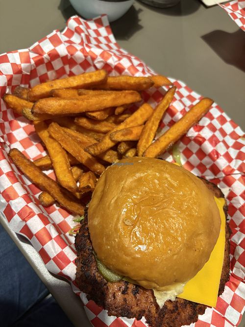 Vegan burger with sweet potato chips   at SmashDouble Burger in Mallorca