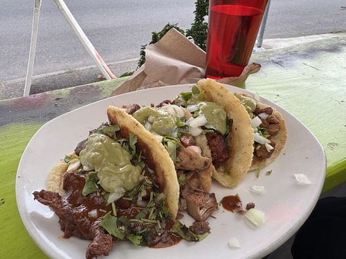 Tacos! Left to right: mole, jackfruit, asada, soyrizo  at Vegano Mexicano in Portland