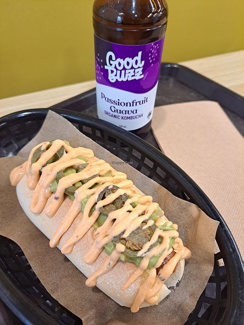 Loaded Tex-Mex hot dog (vegan) and passionfruit guava kombucha. at Gorilla Kitchen - Civic in Auckland